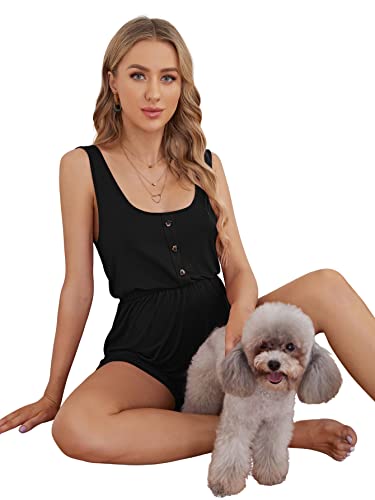 Verdusa Women's Maternity Scoop Neck Button Front High Waist Tank Romper Black S #TOP3