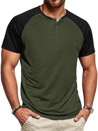 AUSELILY MEN Mens Henley Shirts Cotton Short Sleeve Beach Casual Shirt Camiseta Hombre Army Green Black L