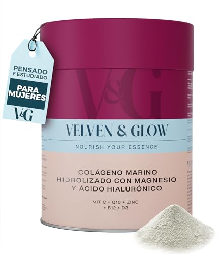 Colageno Marino Hidrolizado y Magnesio con Acido Hialuronico + Vitamina C + Vitaminas y Coq10 Sin Sabor en Polvo Articulaciones Piel Cabello Uñas Peptidos Alta Absorcion Marine Collagen Velven & Glow
