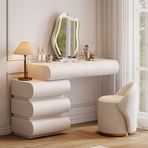 Image of homary White Makeup Vanity Set with LED Mirror and Dressing Stool, Modern PU Leather Dressing Table with Drawers for Bedroom, Ideal for Women Girls (White)