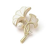 Ginkgo Leaf Brooch for Women - Brass Gold Plated Fashion Lapel Pin with Zircon & Pearl, Elegant Lady Brooch Pin for Dress Coat Scarf