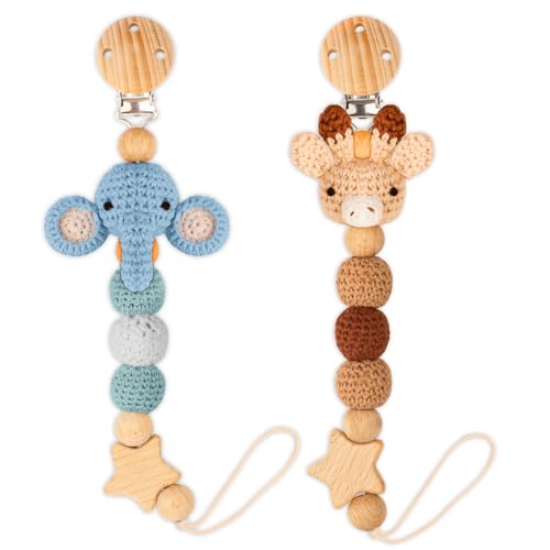 Image of Pacifier Clip, 2 Pack Pacifier Clips for Newborn Boys and Girls, Cute Handmade Knitted Pacifier Holder Fits for Most Pacifier, Baby Shower and Baby Gift