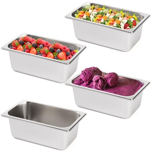 TOPZEA 4 Pack Hotel Pans, 1/4 Size 4" Deep Stainless Steel Steam Table Serving Pan, Buffet Dinner Catering Food Pans, Warmer Breading Tray Batter Pan for Restaurant Salad Bar Party Supplies