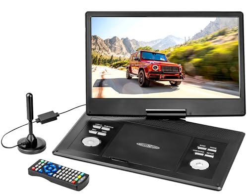 REFLEXION DVD1424 portabler/tragbarer DVD-Player 14 Zoll (36 cm) LCD-Monitor mit DVB-T2 HD Tuner, integrierter Akku, inklusive Gamepad, Game-Disk und 12V-Auto-Adapter