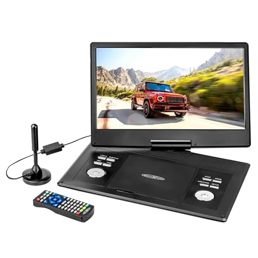 REFLEXION DVD1424 portabler/tragbarer DVD-Player 14 Zoll (36 cm) LCD-Monitor mit DVB-T2 HD Tuner, integrierter Akku, inklusive Gamepad, Game-Disk und 12V-Auto-Adapter
