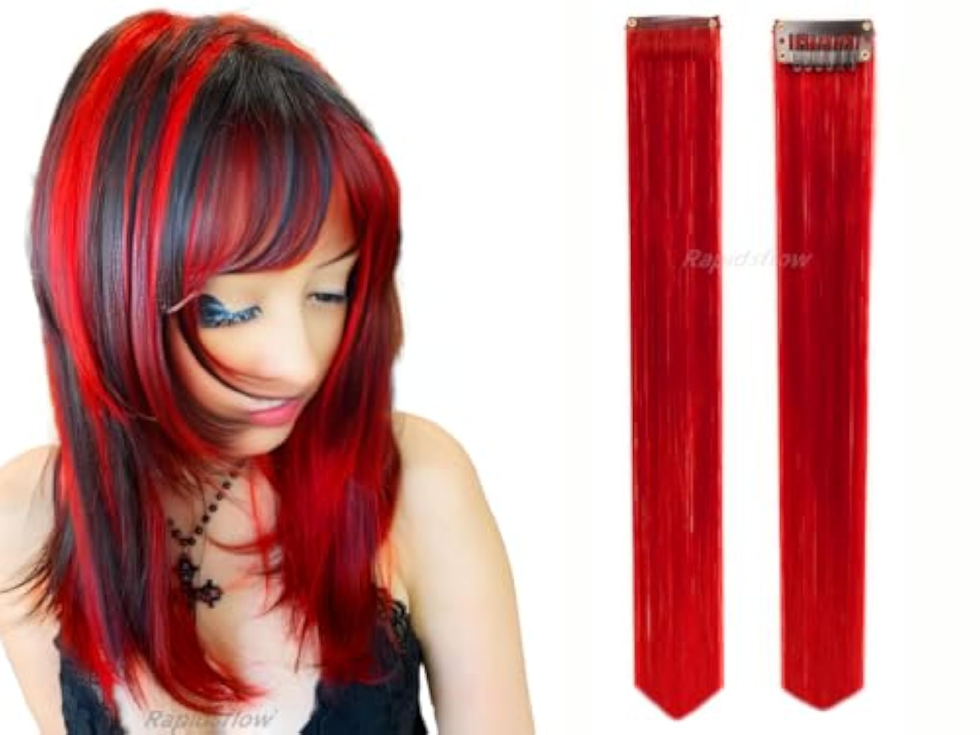 20-Inch Red Colored Hair Streak Extensions, Synthetic