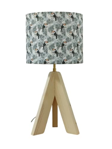 Lampe trépied scandinave en bois et son abat-jour imprimé toucans
