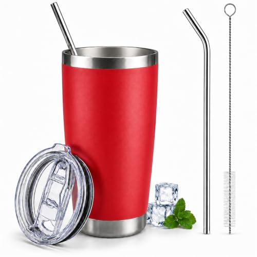 Pandance 20 oz Stainless Steel Insulated Tumbler with Lid and Straw, Red | Double Wall Vacuum Travel Coffee Mug, BPA Lid, Straight & Curved Straws+Brush, leak-proof Thermal Cup for Hot & Cold Drinks