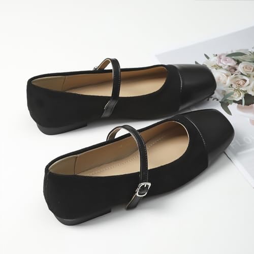 UZUJBAA Women's Suede Mary Jane Flats Buckle Square Cap Toe Ballet Flats Classy Dressy Comfortable Slip on Flats Soft Work Casual Flat Shoes4