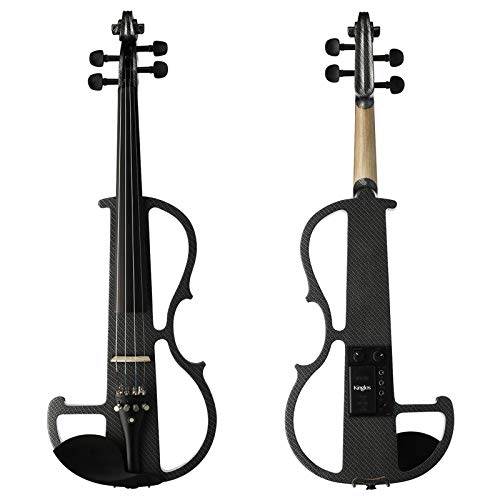 Image of Kinglos. Visual-Art Advanced Electric Violin 4 /4 Full Size Ebony Fittings | Kit Incl. Case Bow Shoulder Rest Aux Cable Spare Bridge Strings - Solid Wood Black Grid Silent Fiddle Set for Adults Beginner