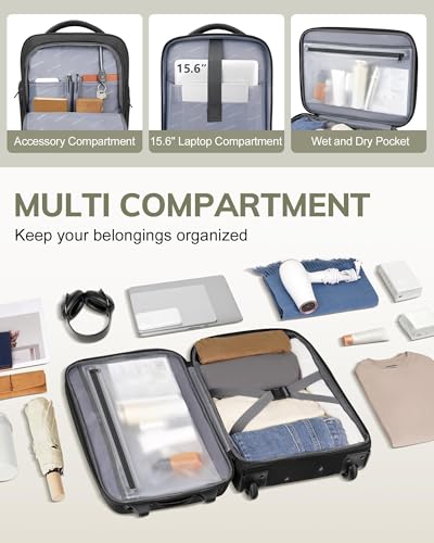 Vancropak Carry on Luggage with Wheels, Multi-functional Airline Approved Underseat Carry-On Rolling Suitcase, 15.6" Lightweight Overnight Weekender Bag Travel Business Roller for Men Women, Black2