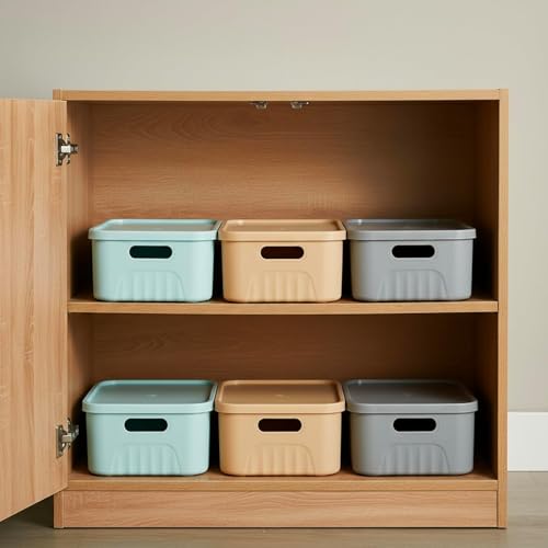 Image of SR Plastic Storage Baskets with Lids - Multipurpose storage and organisers for Kitchen, Clothes,Toys, Office - Durable & Stackable storage box and organiser for Home & Kitchen(3 Pcs)