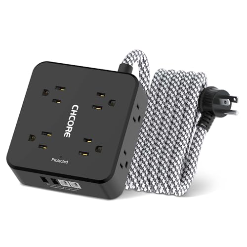 Surge Protector Power Strip - CHCORE 10Ft Braided Extension Cord with 8 Outlets with 4 USB (2 USB C) Charging Ports, Flat Plug Multi Plug Outlet Extender Charging Station for Home Office, ETL, Black