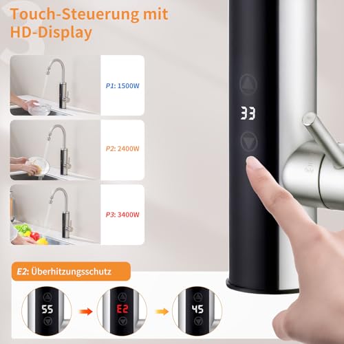 HOMELODY Elektrischer Wasserhahn mit Durchlauferhitzer 230V, Wasserhahn Küche mit Touch-Temperaturregler & LED-Display, Anti-Spritz Edelstahl Küchenarmatur, Durchlauferhitzer Küche, Garten & Camping