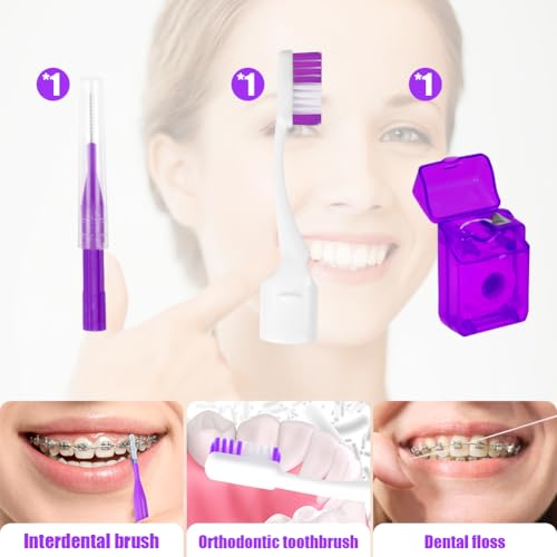 OFFCUP Orthodontic Care Kit, 9 Pack Braces Cleaning Set, Oral Care kit V-Brush Oral Mirror Ortho Wax Timer Dental Floss Threaders Interdental Brush Tongue Scraper (Purple) - Image 5
