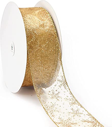 LATERN 20M Cinta De Organza, 6,3cm De Ancho Cinta De Purpurina Transparente Con Copo De Nieve Cintas Metálicas Shimmer Band Cinta De Tul Artesanal para Envolver Regalos, Decoración Navideña (Oro)
