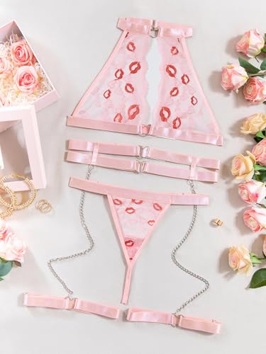 Image of Foxiny Sexy Halter Heart Ring Cutout Chain Floral Lace Sheer Garter Belt Lingerie Set 3 Piece