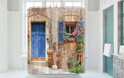 Simpomsy 3D Garden Shower Curtain, Fresh Plant Countrylife Style Retro Old Stone Wall Floral Basket Door Scenery with Green Plants, Scenery Bathroom Decoration Curtains with Hook 180x180cm - Image 8