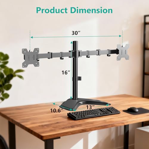 Image of WALI Free Standing Dual Monitor Stand up to 27 Inch, MF002, Black | Monitor Arm for 2 Monitors up to 10 kg Each, Adjustable with Swivel Tilt Rotation, Ergonomic, Space Saving, VESA 75 /100mm