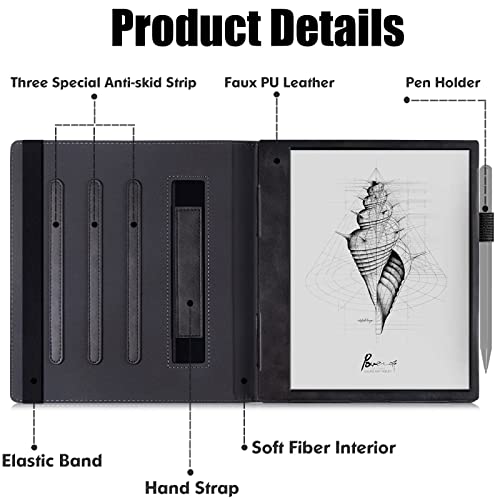 BOZHUORUI Stand Case for 10.3" Boox Note Air4 C/Boox Note Air3 C/W Tablet - Premium PU Leather Protective Sleeve Cover with Hand Strap / Auto Sleep / Wake (Lock Black)