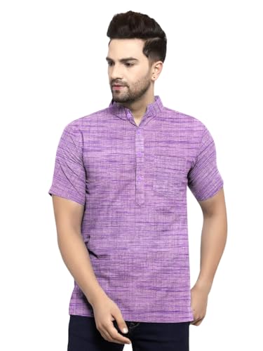 Image of Men's Regular Fit Self-Design Solid Mandarin Collar Half Sleeve Casual Line Pure Cotton Blend Fancy Shirt (Multi-Color)