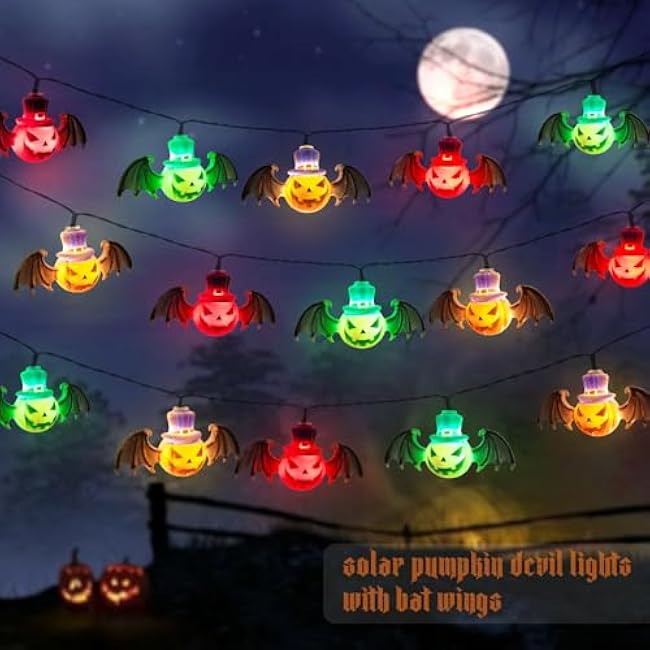 Solar Garden Lights for Halloween Decorations Outdoor, 20LED 18Ft 3D Scary Devil Pumpkin Bat Solar String Lights, Halloween Solar Lights Outside for Home Yard Garden Party Gifts Decor(Red Green White)
