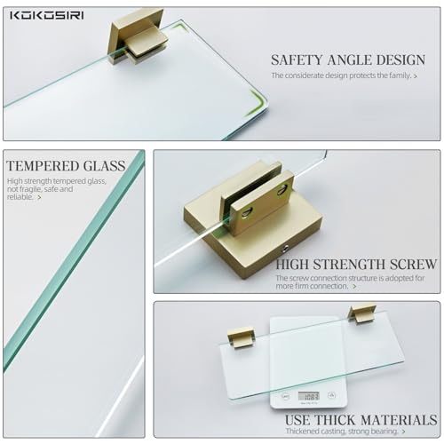 KOKOSIRI-Wall-Shelves-Floating-Bathroom-Glass-Shelf-Kitchen-Storage-12-x-56-Tempered-Glass-Wall-Mounted-Brushed-Gold-Stainless-Steel-B1106BG-L12 KOKOSIRI Wall Shelves Floating Bathroom Glass Shelf Kitchen Storage 12 x 56 Tempered Glass Wall Mounted Brushed Gold Stainless Steel B1106BG L12