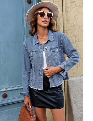 Image of luvamia Denim Jacket for Women Distressed Jean Jackets Button Up Vintage Western Trucker Jacket Frayed Hem Pockets