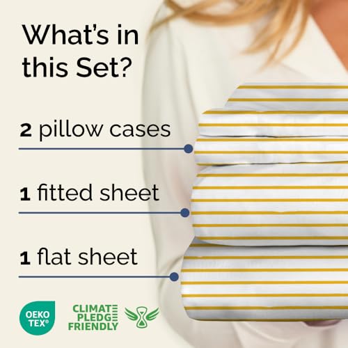 Image of Cal King 4 Piece Striped Sheet Set - Soft & Cooling - Yellow Pencil Stripes | 1 Flat, 1 Fitted & 2 Pillowcases w / Deep Pockets, Luxury Striped Bedding, Soft, Breathable & Cooling, Wrinkle & Fade Free