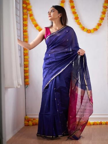 Image of Flosive Banarasi Look Chanderi Silk Saree for Women | Blue-Pink Contrast Designer Saree | Ethnic Drape with Golden Zari Work and Small Buttis