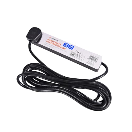 Mercury 4 Gang Extension Lead 5.0 Metre Black UK 13 Amp Rated 4 Socket Extension Lead 4 Way Power Strip Wall Mountable Cable Extension for Home or Office use full Copper Conductor