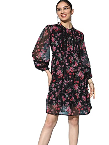 Image of ishin Women's Chiffon Black Lurex Embellished A-Line Belted Dress