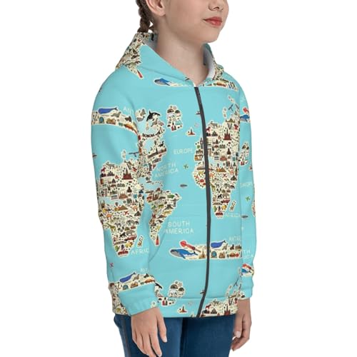 World Travel Line Icons Map Kid Hoodies Boys Zip Up Sweatshirts Girls Pullover with Pocket4
