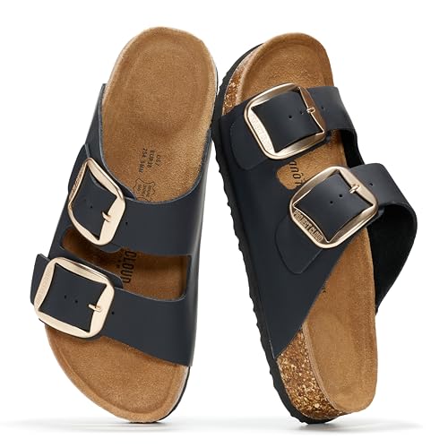 Project Cloud Genuine Leather Flat Sandals for Women 2026 Comfortable Beach Essentials Womens Sandals Memory Foam Vacation Essentials Slides for Women Footwear (Santorini, Blackmat, 5.5)