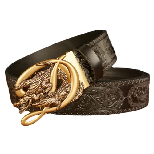 Men Ratchet Dress Belt - Crocodile Decor Automatic Buckle, Western Floral Embossed