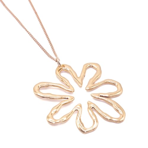 AMICHI - Collar Mujer Flor Grande Plata o Dorado Estilo Bohemio - Colgante Mujer Flor con Cadena de Acero Inoxidable - Colgante Largo Estilo Casual Elegante (Dorado)
