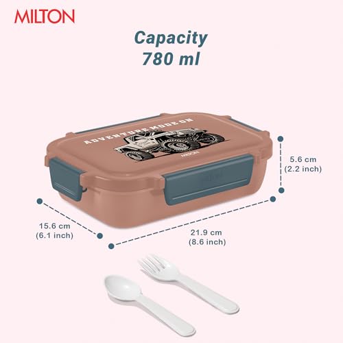 Image of MILTON Super Sherry Tiffin Lunch Box for Kids, 780 ml | Leak-Proof Inner Container with Clip Lock Lid | BPA Free, Food Grade | Compact & Durable Snack Box with Plastic Spoon & Fork | Brown