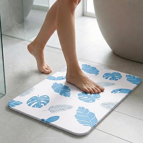 Image of Yellow Weaves Printed Stone Bath Mat, Diatomaceous Earth Shower Mat, Non-Slip Super Absorbent Quick Drying Bathroom, Kitchen Floor Mat, Easy to Clean (45x35 cm-Sandstone) Tropical Leaves, Blue