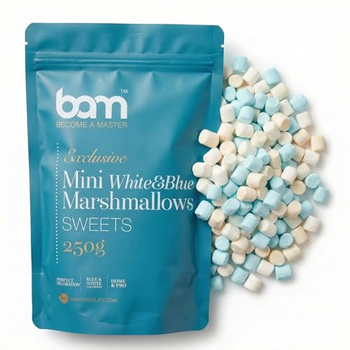 BAM Mini Malvaviscos, 250 g – Marshmallow para Decoración de Pasteles – Blanco y Azul
