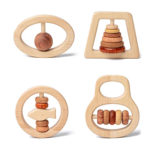Image of JOCY Wooden Baby Toys, Montessori Toys for Babies 0-6-12 Months,Wooden Rattle for Baby, Wooden Teether Gifts for Boys and Girls 4 PC