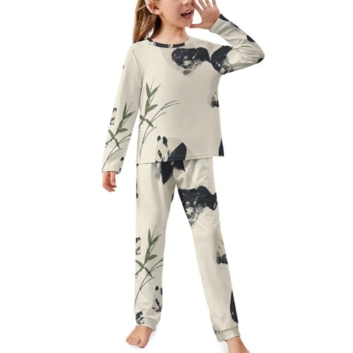 Cute Pandas And BambooChildren's Pajama Set Round Neck Long Sleeve Top + Pants Two-piece Set140CM