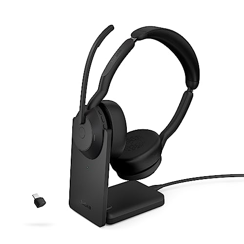 Jabra Evolve2 55 Stereo Wireless Headset - Charging Stand, AirComfort Technology, Noise-Cancelling Mics & Active Noise Cancellation - Works with UC Platforms Such as Zoom & Google Meet - Black