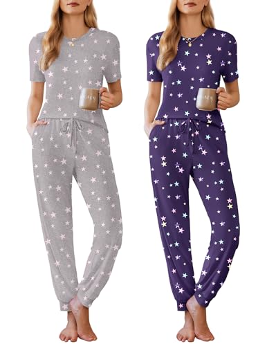 Image of Ekouaer Pajamas for Women Set 2 Pack Lounge Set Short Sleeve Pjs Joggers Long Pants Loungepwear with Pockets