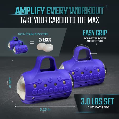 Image of Egg Weights Cardio Max 3.0 lbs. Stainless Steel Hand Weights Dumbbell Set with Anti-Slip Silicone Finger Loop for Workout, Fitness, Training for Men and Women - 2 Eggs, 1.5 lbs each + Free E-Book Workout Guide