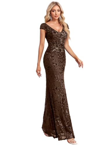 Image of Womens Sequined Long Evening Gown Glamous Sleeveless V-Neck Mermaid Prom Dress for Wedding Party Club Occasions