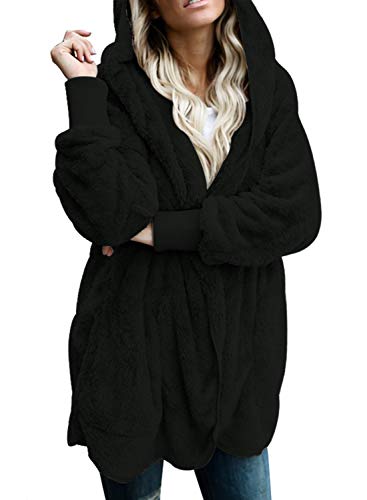 Womens Cozy Fuzzy Fluffy Cardigans Open Front Fleece Hooded Outwear Sweater Pocket Jacket Coats Black