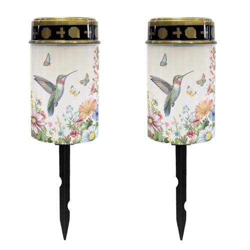 Image of Hummingbird Cemetery Solar Lights Water Resistant LED Flameless Candle Grave Lights Solar Powered Grave Decor Memorial Gift Outdoor Garden Decor Light for Prayer 2 Pcs