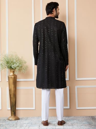 Image of See Designs Men's Long Sleeve Mandarin Collar Side Slit Embroidered Thread Work Sequinned Chanderi Silk Straight Kurta with Pyjama