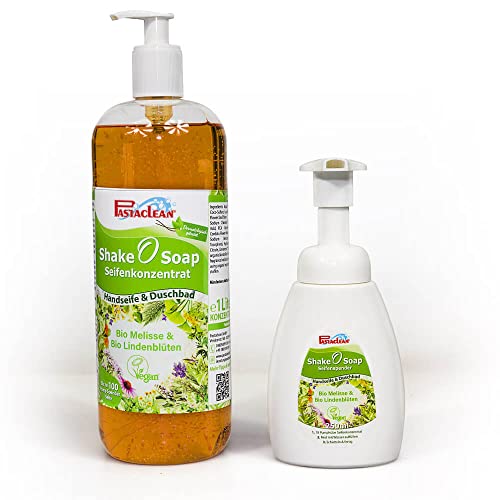 Pastaclean Shake O Soap - Seifenkonzentrat 1L Bio Melisse & Bio Lindenblüte - Handseife & Duschgel Seifenschaum - 1L Konzentrat ergibt 100 Seifenspender Füllungen + 1 MM Mini Spezialfasertuch Cover