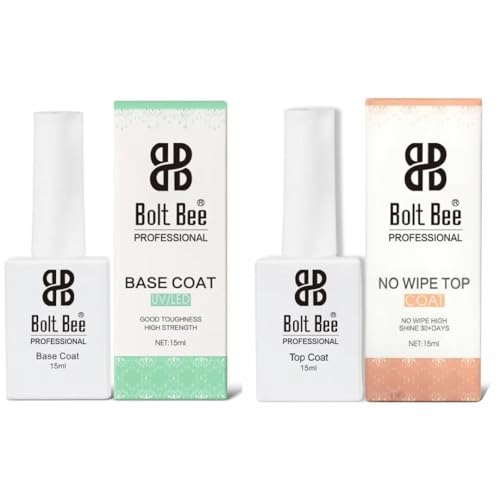 Image of Bolt BEE No Wipe Top Coat & Base Coat Set | 15ml UV /LED Soak-Off Gel Nail Polish Duo for Nail Art | Long-Lasting Shine & Strong Adhesion for Salon & DIY Manicure (Top & Base Coat, 15ml Each)